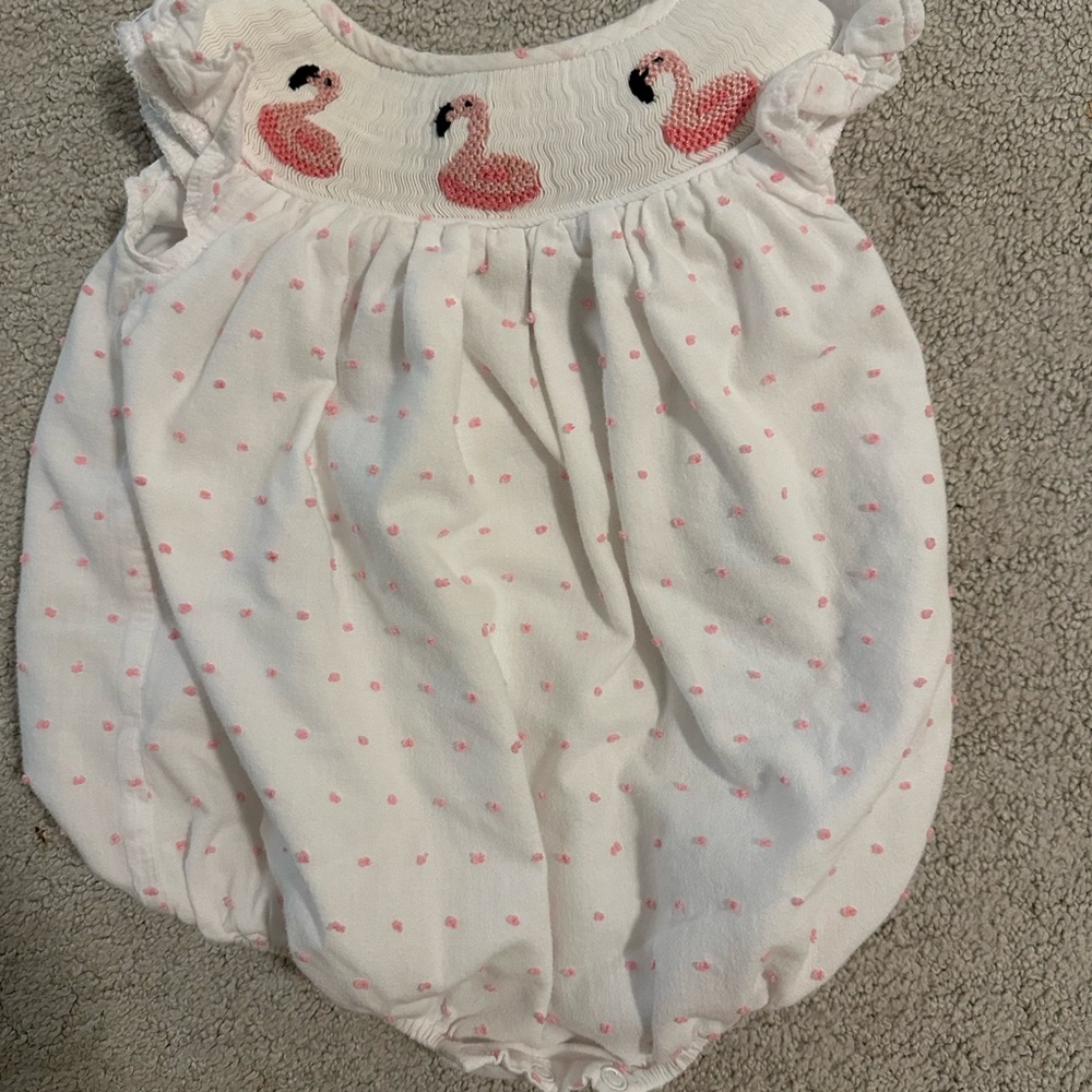 White Baby Romper with Pink Flamingo Embroidery